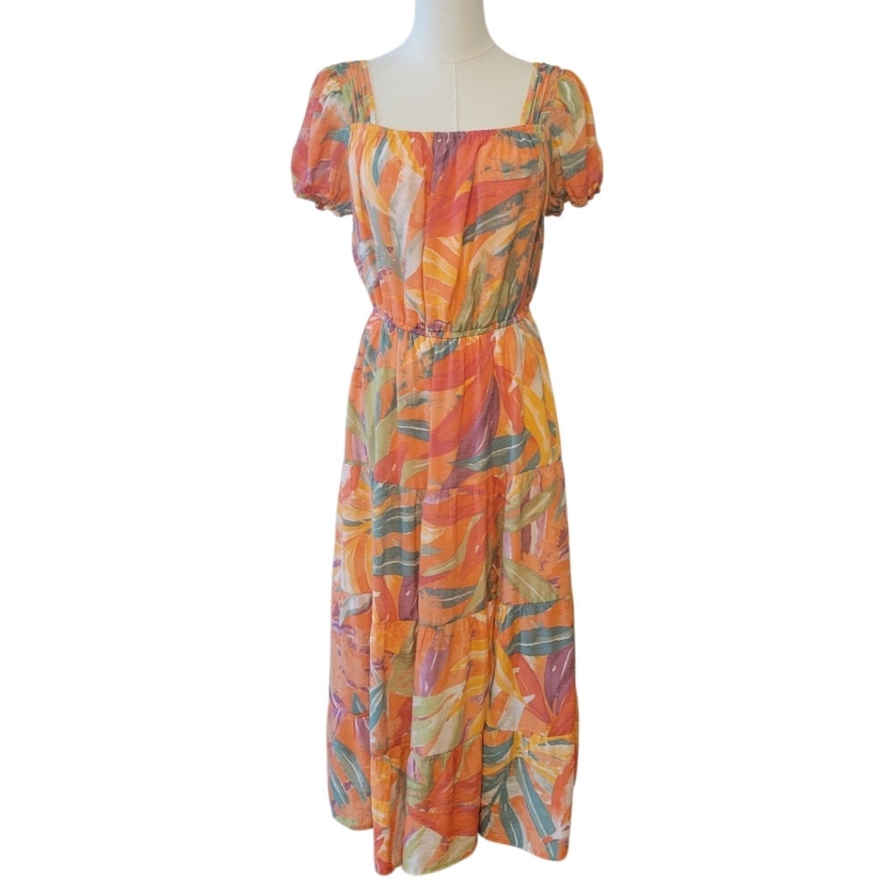Indigo‎ Rose Orange Tropical Floral Midi Dress Size Medium